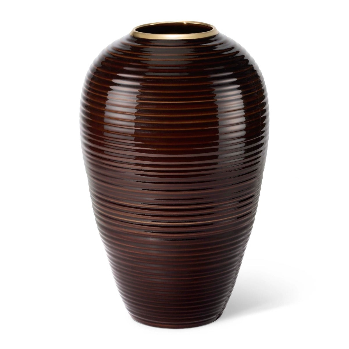 A glossy dark brown ceramic vase with horizontal ridges and a gold-toned rim, shown on a clean white background.