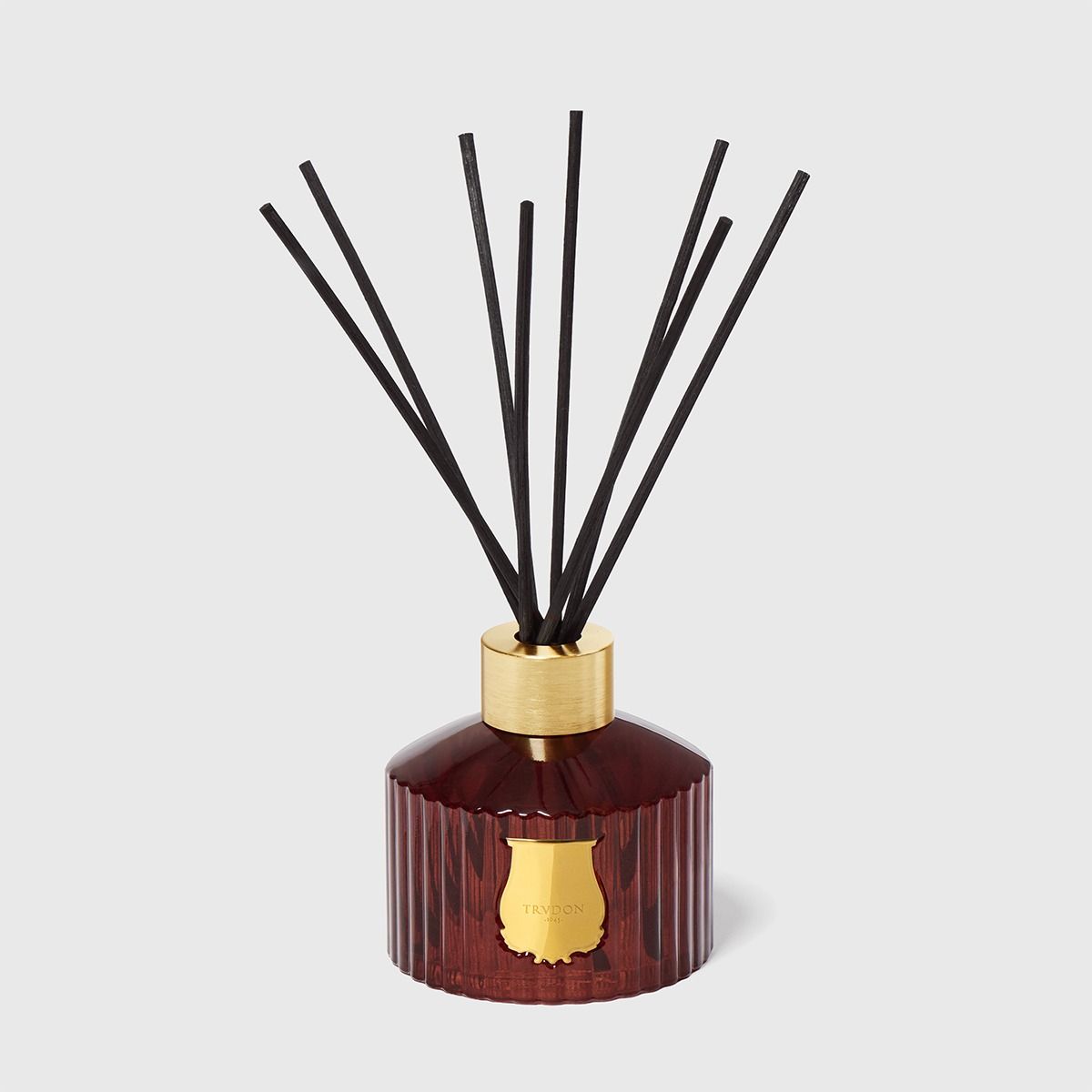 Red diffuser bottle with black sticks on a light gray background