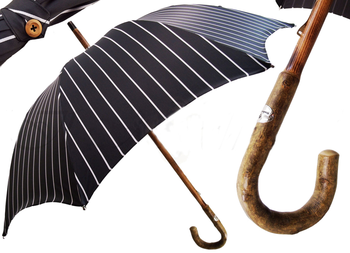 Black &amp; White Striped Classic Umbrella with Ash Wood Handle