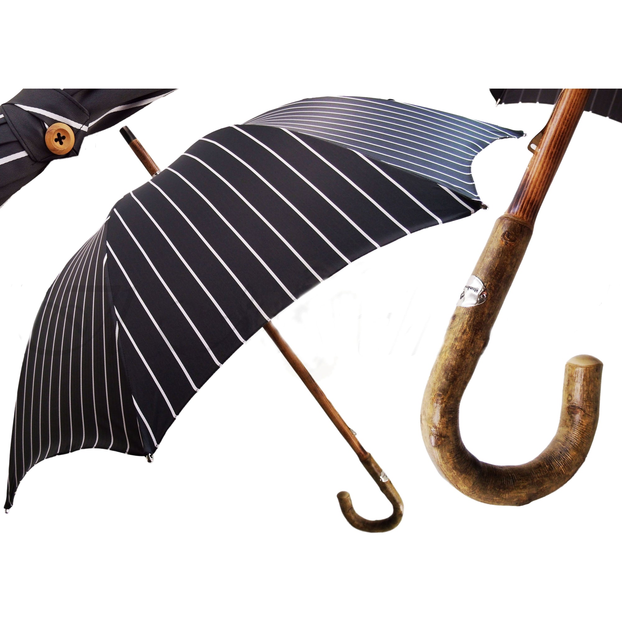 Black & White Striped Classic Umbrella with Ash Wood Handle