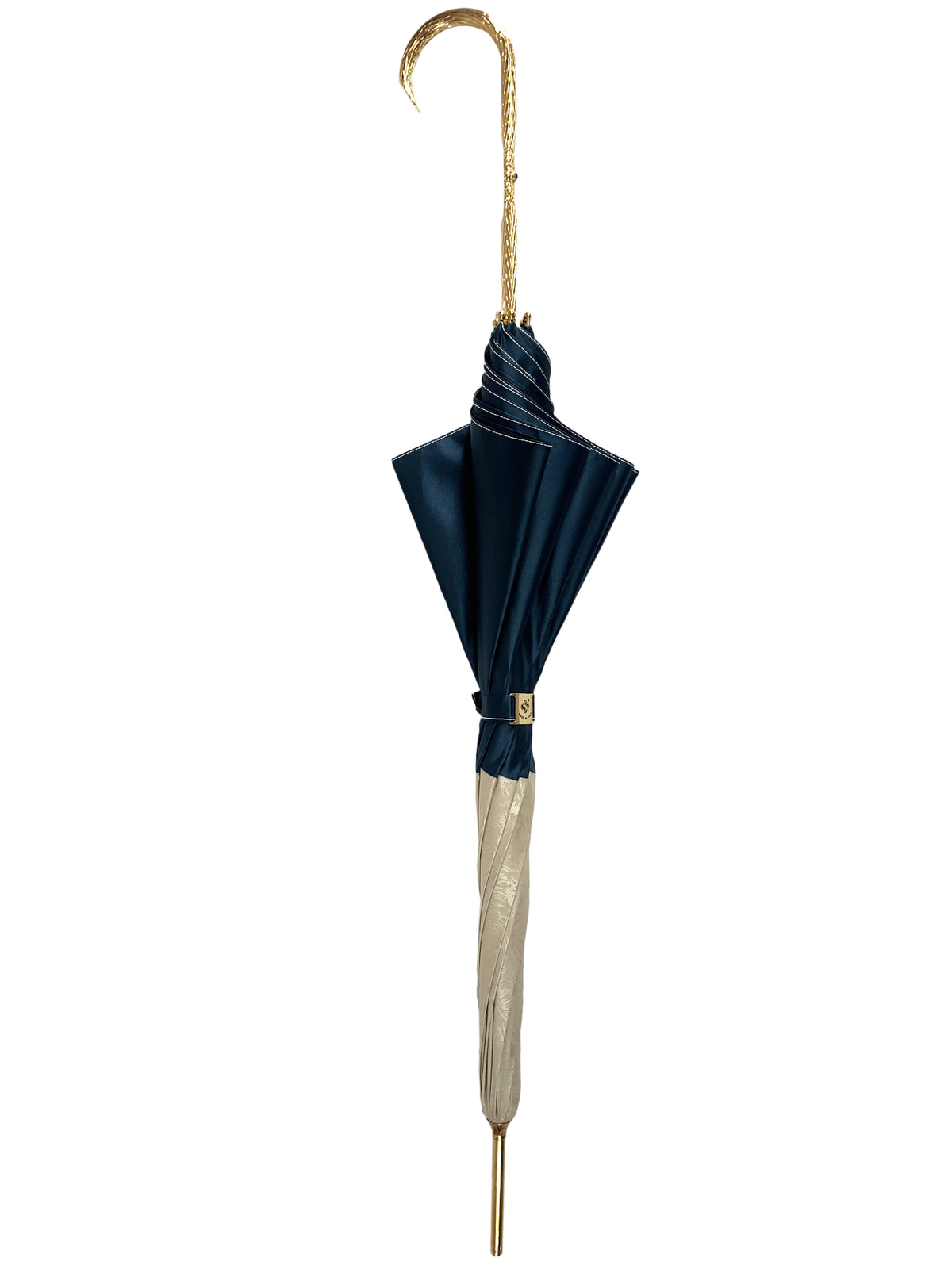 Ladies Beige &amp; Peacock Umbrella with Gold Handle &amp; Swarovski Crystal