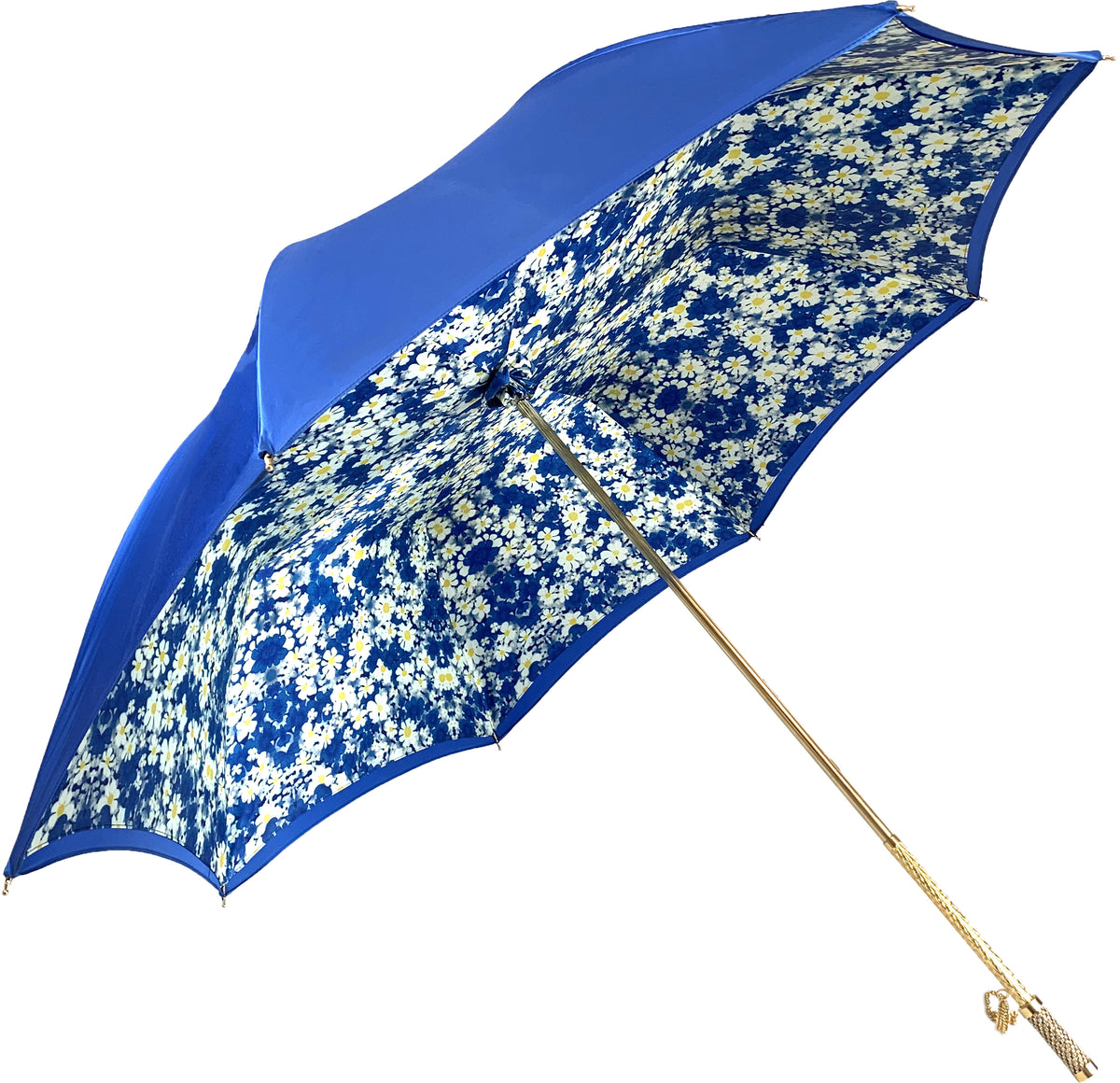 Ladies Double Lined Bright Blue Umbrella with Gold Embellished Handle