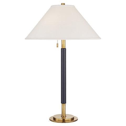 Garner Table Lamp in Natural Brass and Navy Leather